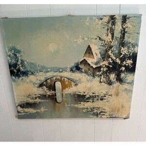 VTG Winter Village Cottage River Bridge Impressionist Oil Painting Canvas 20x24"
